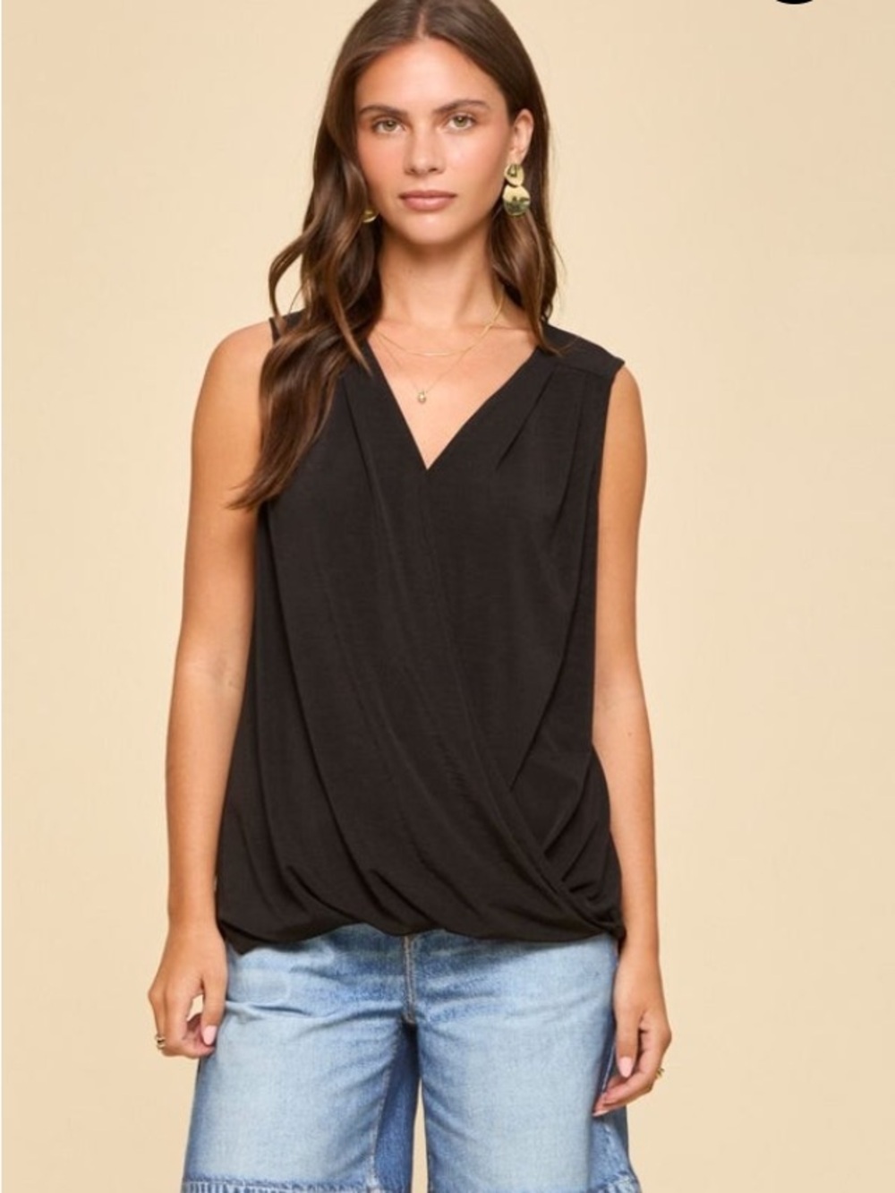 Sleeveless Black V-Neck Drape Tank Top